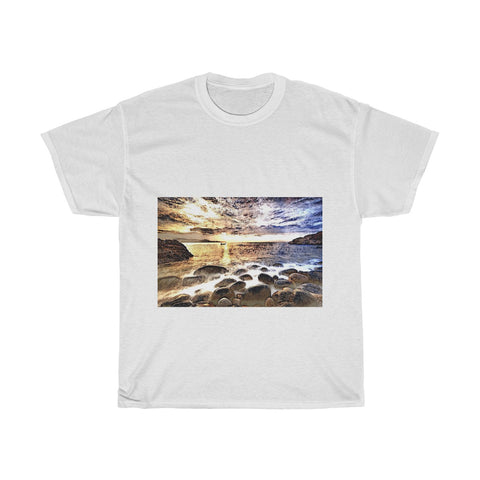 Image of Beach Gravel, Sea, Water, Sunlight, Horizon, Scenery, Nature, Landscape, Creative, Artistic, Unisex Tee Shirt