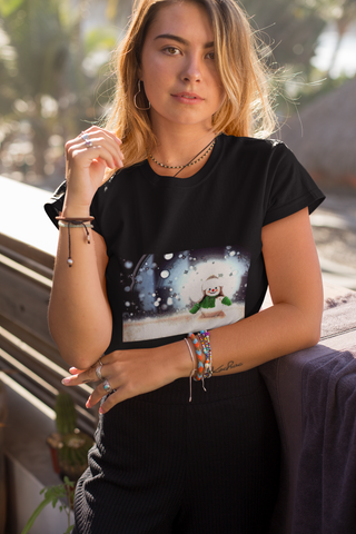Image of Snowman, Snow, Cold, Winter, Santa Hat, Christmas, Creative, Artistic, Unisex Tee Shirt