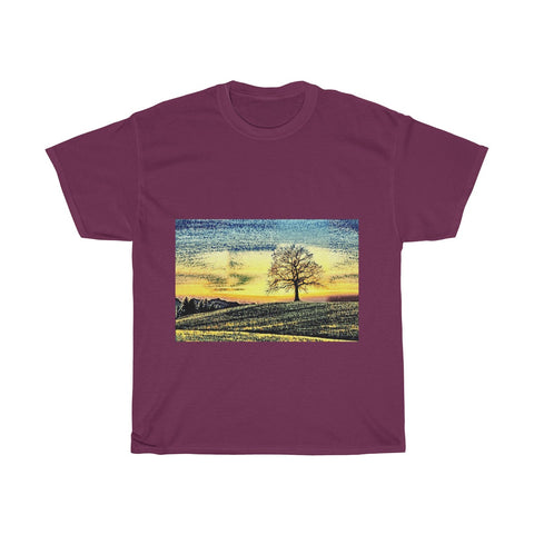 Image of Tree, Sunset, Nature, Field, Landscape, Creative, Artistic, Unisex Tee Shirt